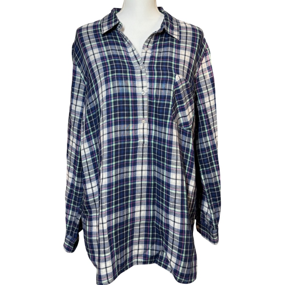 Talbots Plaid Henley Tunic Shirt XL Navy Blue Green Pink Cotton Excellent